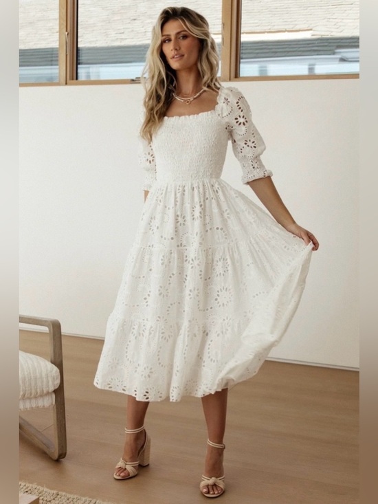 Baltic Born Dresses & Skirts - NWT Baltic Born Ella Eyelet Midi Dress Size Small in White Smocked Floral